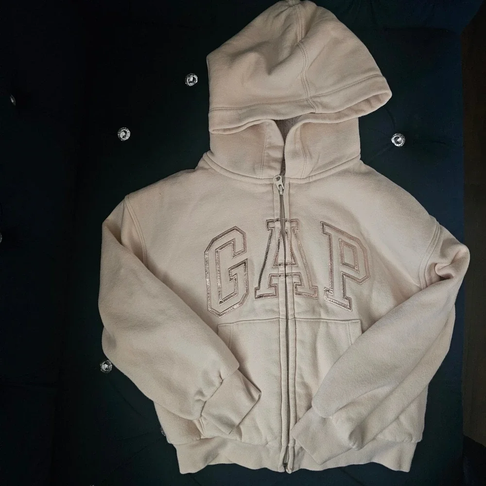 Gap Kids Girls Cream Sherpa Lined Zip Up Hoodie Rose Gold Logo Size M 8 130cm